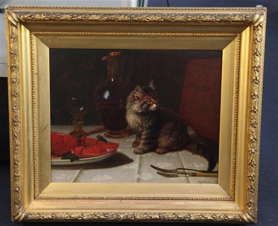 George Frederick Hughes (fl.1873-1879) Tabby kitten on a table top beside a claret jug and lobster 16 x 20in.